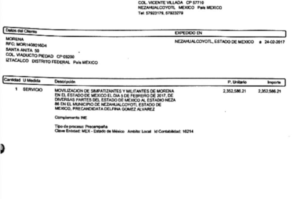 Factura . En el documento se muestra el pago de más de 2.2 mdp a la empresa Servi transportadora Turística Olmeca (ARCHIVO EL UNIVERSAL)