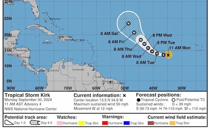 Tormenta tropical Kirk avanza por el Atlántico; podría convertirse en huracán en las próximas horas