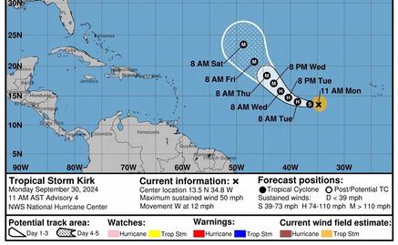 Tormenta tropical Kirk avanza por el Atlántico; podría convertirse en huracán en las próximas horas