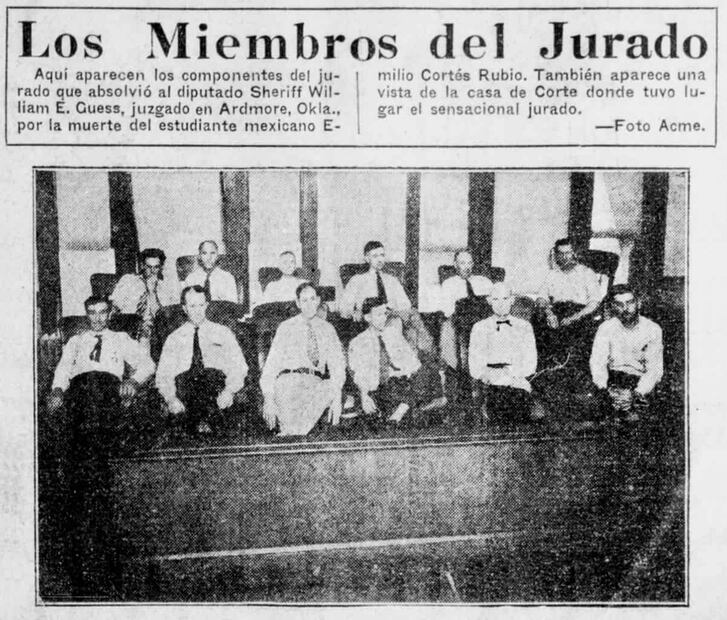 Jurado que declaró inocente a Guess. Salvador Cortés Rubio aseguró que el pueblo de Estados Unidos no era el responsable de la muerte de su primo y que no temía regresar a su escuela en Kansas. Foto: La Opinión/Library of Congress/ESPECIAL.