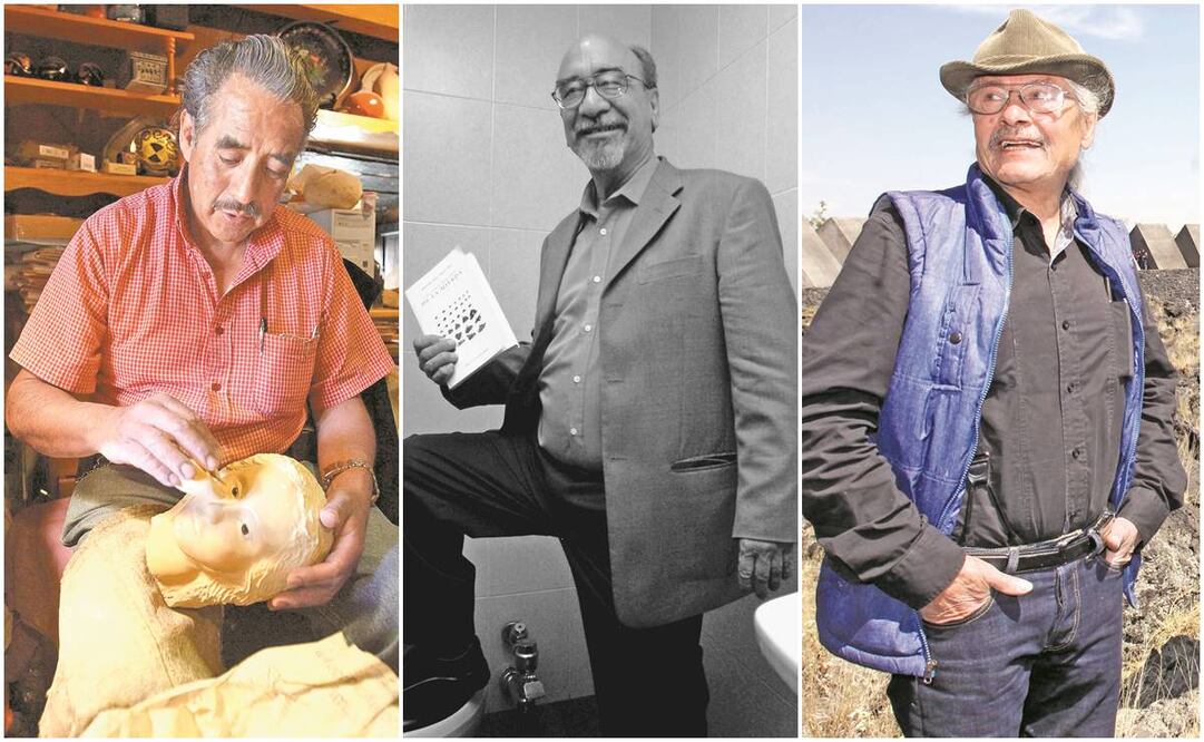 El artesano Mario Agustín Gaspar, el historiador Alfredo López Austin y el escultor Hersúa. Foto: ARCHIVO EL UNIVERSAL
