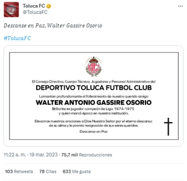 Muere Walter Gassire, jugador emblemático de Toluca