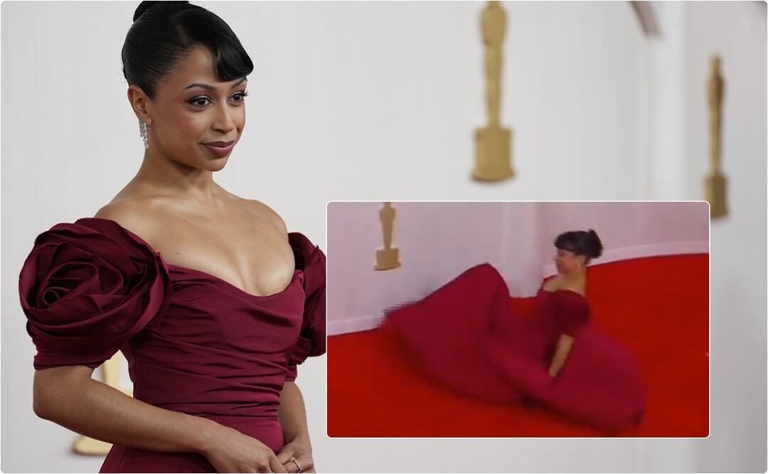 La actriz Liza Koshy se volvió tendencia en redes sociales tras sufrir una caída en plena alfombra roja de los Premios Oscar 2024. / Foto: AP y captura video X @JarelTheArtist.