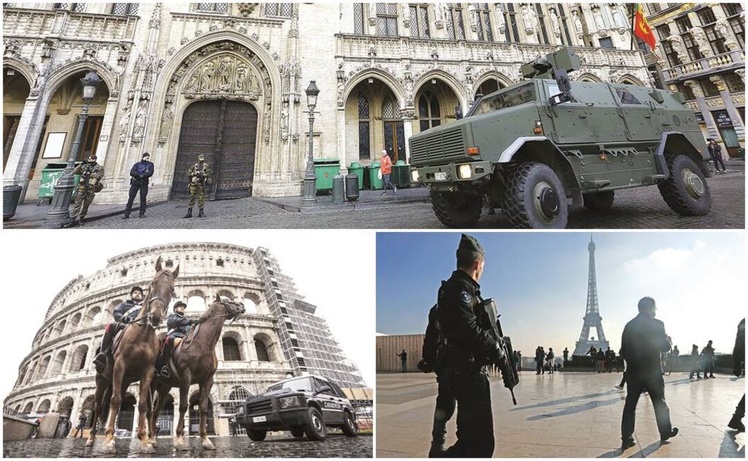 1. Soldados y policías vigilan en los alrededores del Ayuntamiento en el Gran Palacio, en el centro de Bruselas. 2. Dos oficiales patrullan cerca del Coliseo romano. 3. Oficiales franceses vigilan en las inmediaciones de la Torre Eiffel (XINHUA, EFE Y AP)