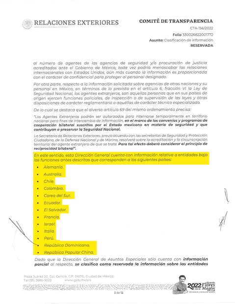 Agentes de seguridad de 14 naciones trabajan en territorio nacional con autorización del gobierno mexicano, de acuerdo con la Secretaría de Relaciones Exteriores.