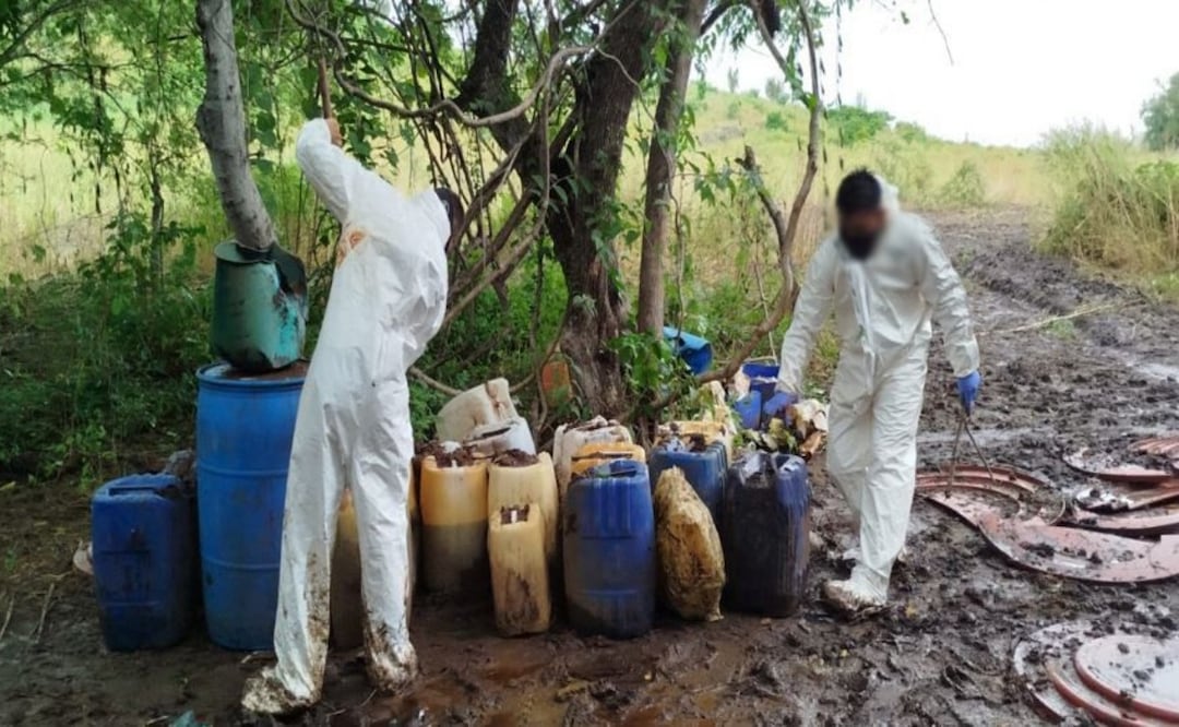 Aseguramiento de mil 400 litros de sustancias para crear metanfetamina en Sinaloa (14/10/2025). Foto: Especial