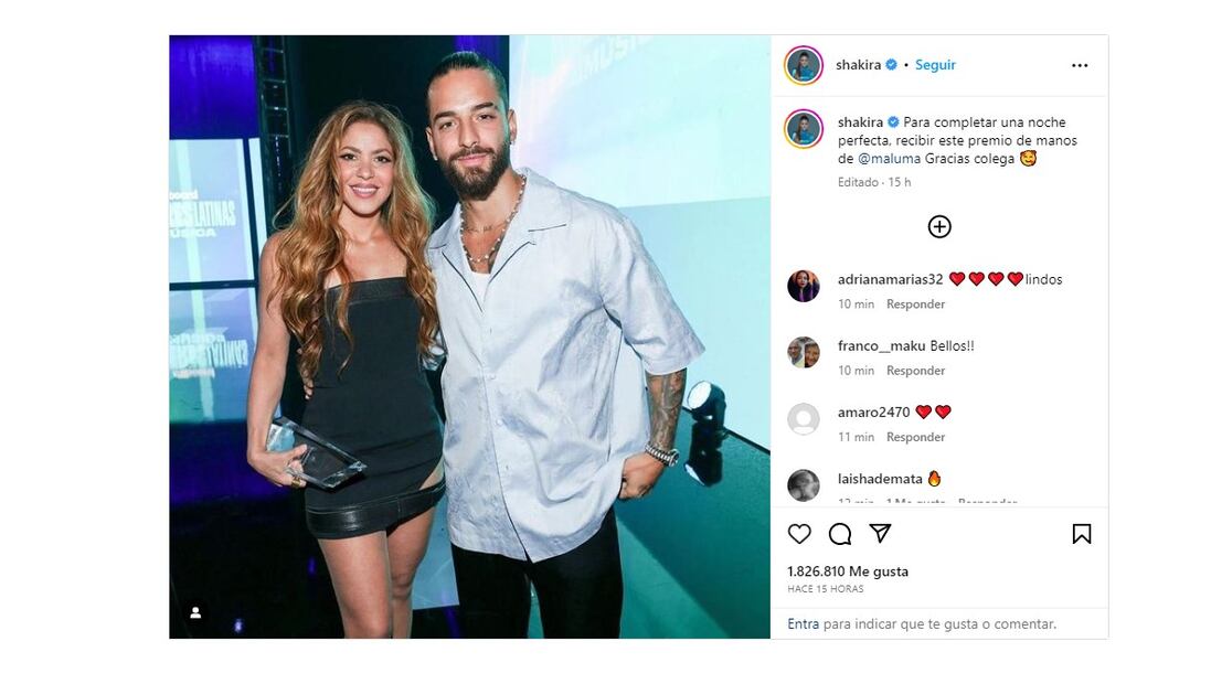 Shakira es gran amiga del cantante Maluma. Foto: Instagram