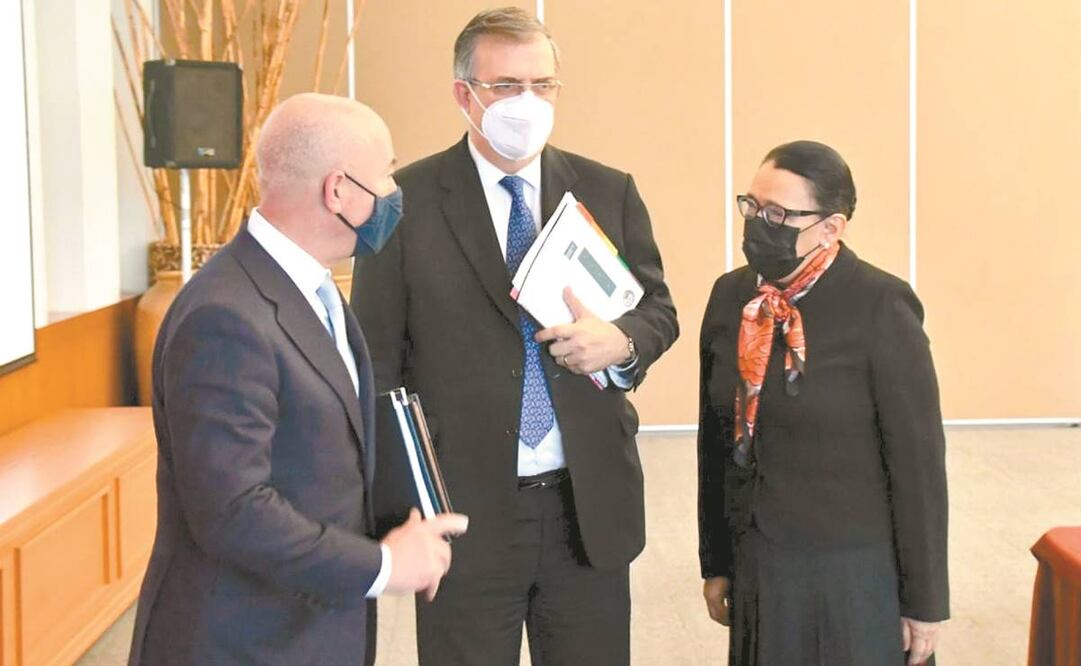 El secretario de Seguridad Nacional de EU, Alejandro Mayorkas, Marcelo Ebrard y Rosa Icela Rodríguez el pasado 15 de junio. Foto: Archivo/ El Universal.