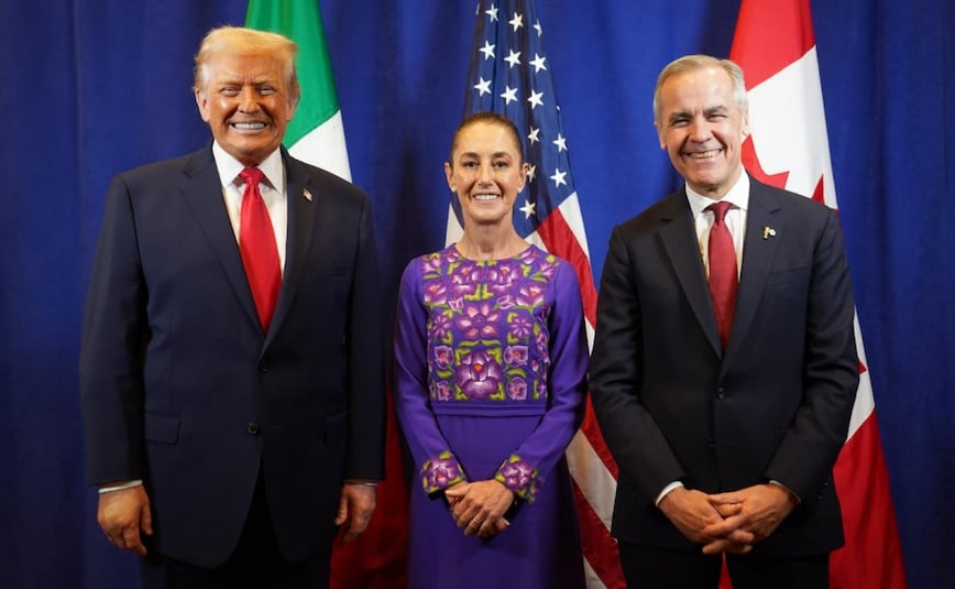 Encuentro entre los presidentes Claudia Sheinbaum y Donald Trump, y el primer ministro canadiense Mark Carney. Foto: Especial