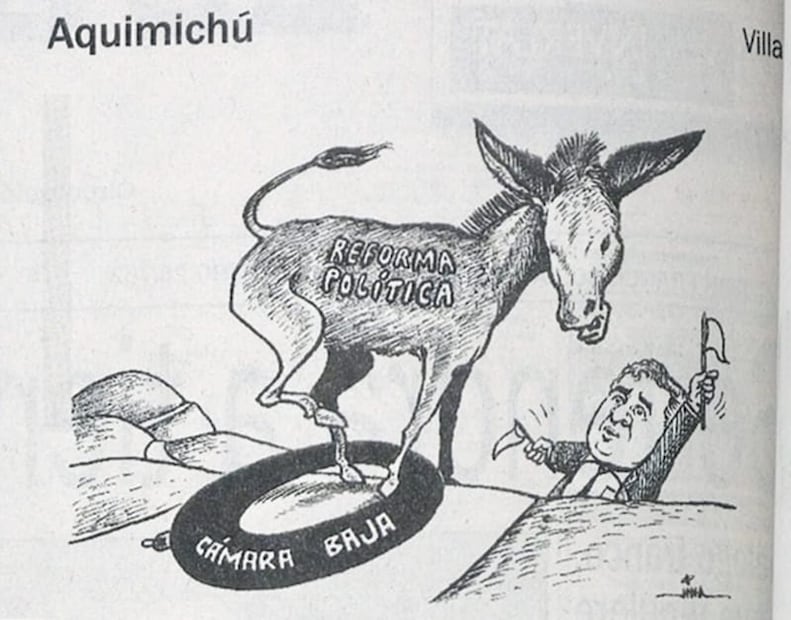 Cartón de Mateo Villa, julio 1996, con Emilio Chuayffet intentando encaminar a la reforma electoral, a pesar de los “inconvenientes” con la cámara baja. Foto: Hemeroteca EL UNIVERSAL.