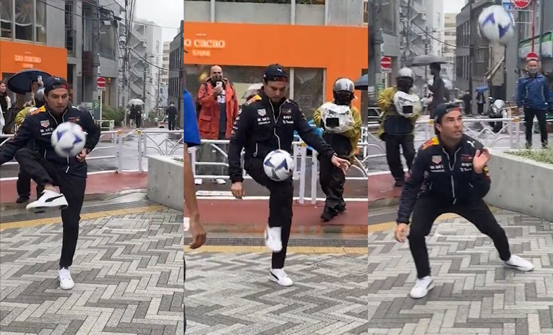 Checo Pérez dominando el balón en las calles de Japón - FOTO: Especial