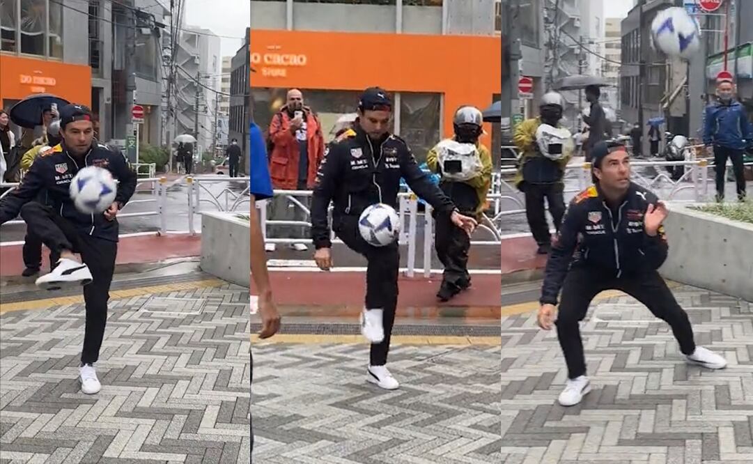 Checo Pérez dominando el balón en las calles de Japón - FOTO: Especial
