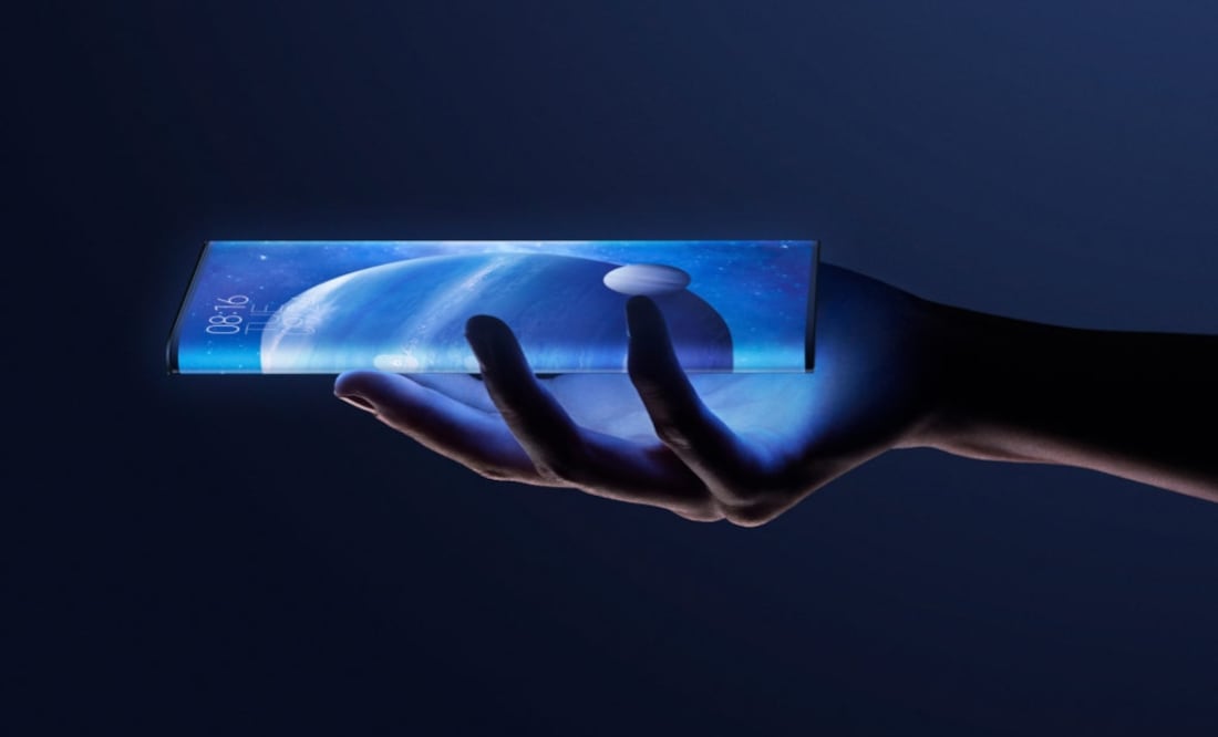 El efecto es de un teléfono que está hecho casi por completo de pantalla, con íconos de estado como señal de red y nivel de carga de la batería en el lateral