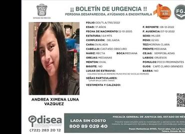 Buscan a Andrea Ximena; desapareció cuando se dirigía al Bachilleres 5 en Satélite