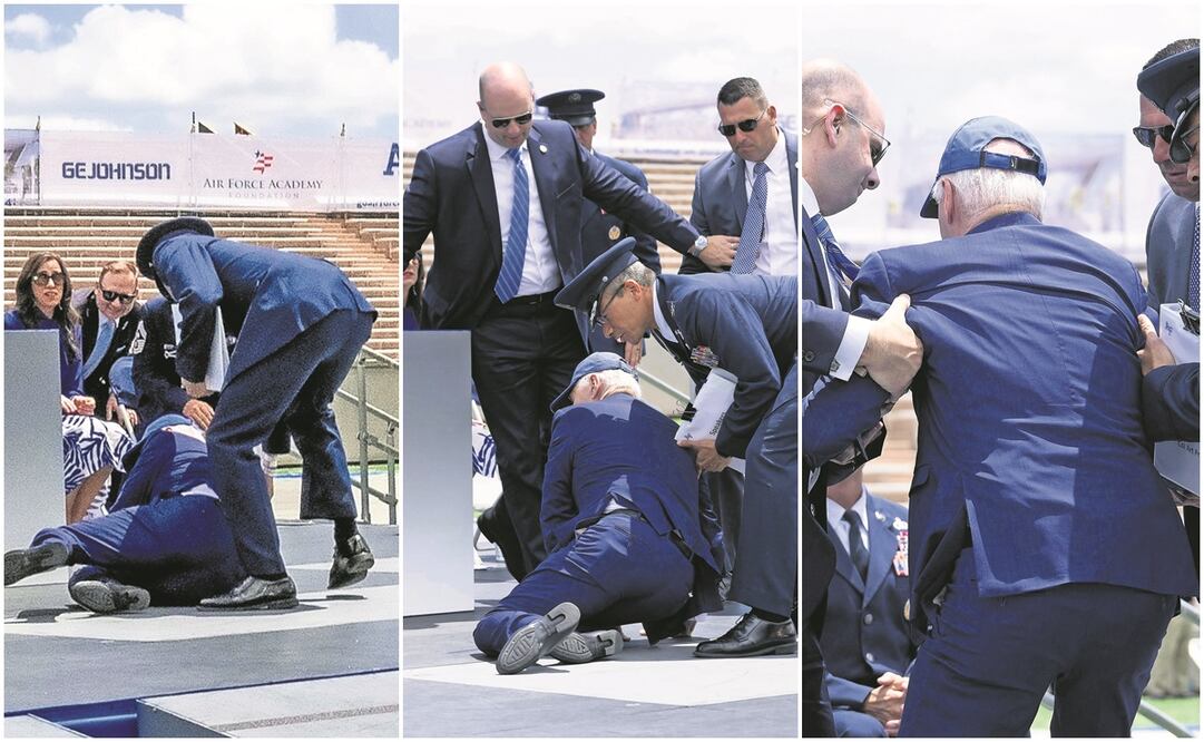 El presidente de EU, Joe Biden, de 80 años, se tropezó y cayó al suelo ayer durante la ceremonia de graduación de los cadetes de la Academia de la Fuerza Aérea en Colorado, Foto: Andrew Harnik / AP