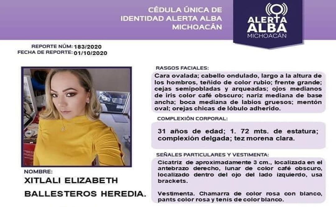 Alerta Alba emitida por la FGE para localizar a Xitlali. Foto: Especial