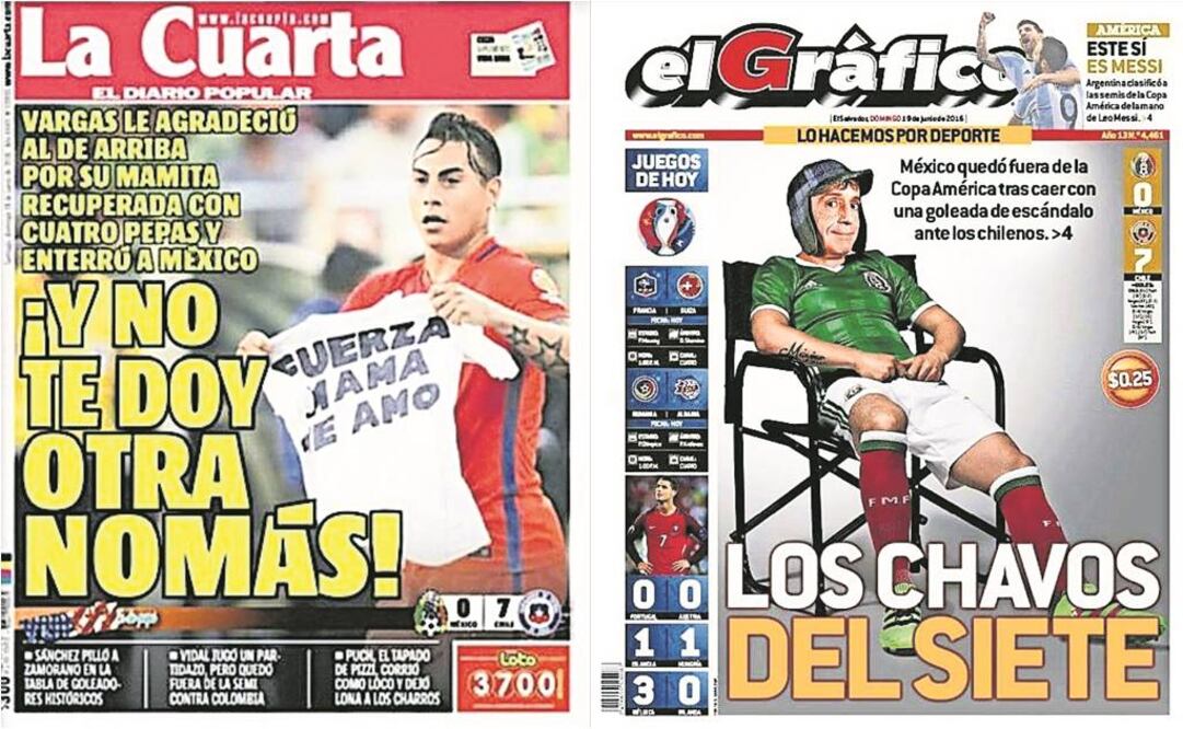 ‘La Cuarta’, de Chile y ‘El Gráfico’ de El Salvador hacen alusión a la famosa serie del Chavo del 8 con la escandalosa derrota mexicana 7-0 ante el conjunto andino en la Copa América (Especial)