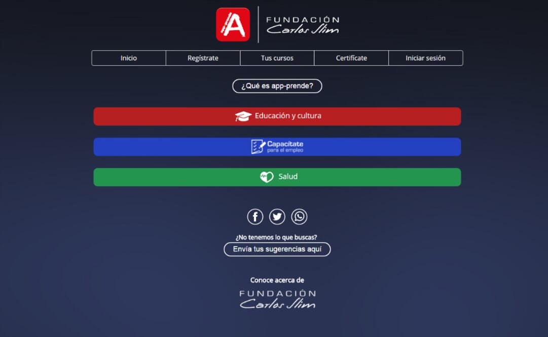App-prende, integra contenidos enfocados a la capacitación, educación, cultura y salud, utilizando proyectos ya creados como Khan Academy o Cousera.