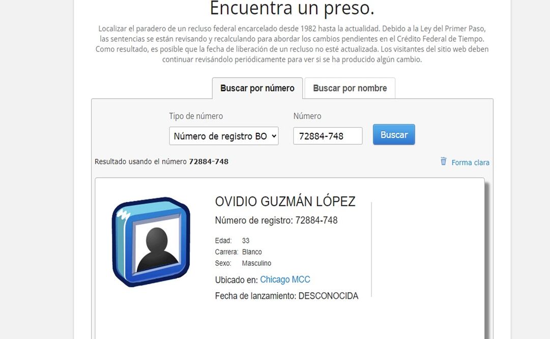 En el Buró Federal de Prisiones sale la ficha de Ovidio Guzmán. Foto: captura de pantalla