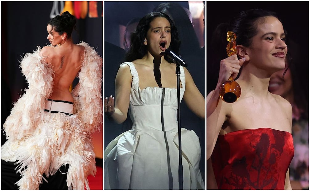 Los tres momentos de Rosalia en los BRIT Awards 2026. 
Fotos: EFE/AP.