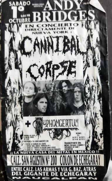 En el caso de Cannibal Corpse, el volante de 1955 resaltaba que la banda llegaba desde Nueva York al Andy Bridges. Cortesía Edgar Javier Gutiérrez.