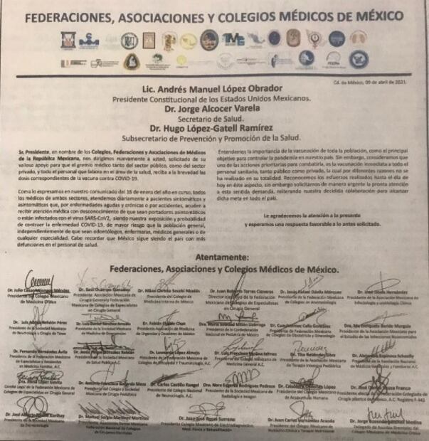 Federaciones, asociaciones y colegios médicos piden a AMLO ser vacunados contra Covid-19