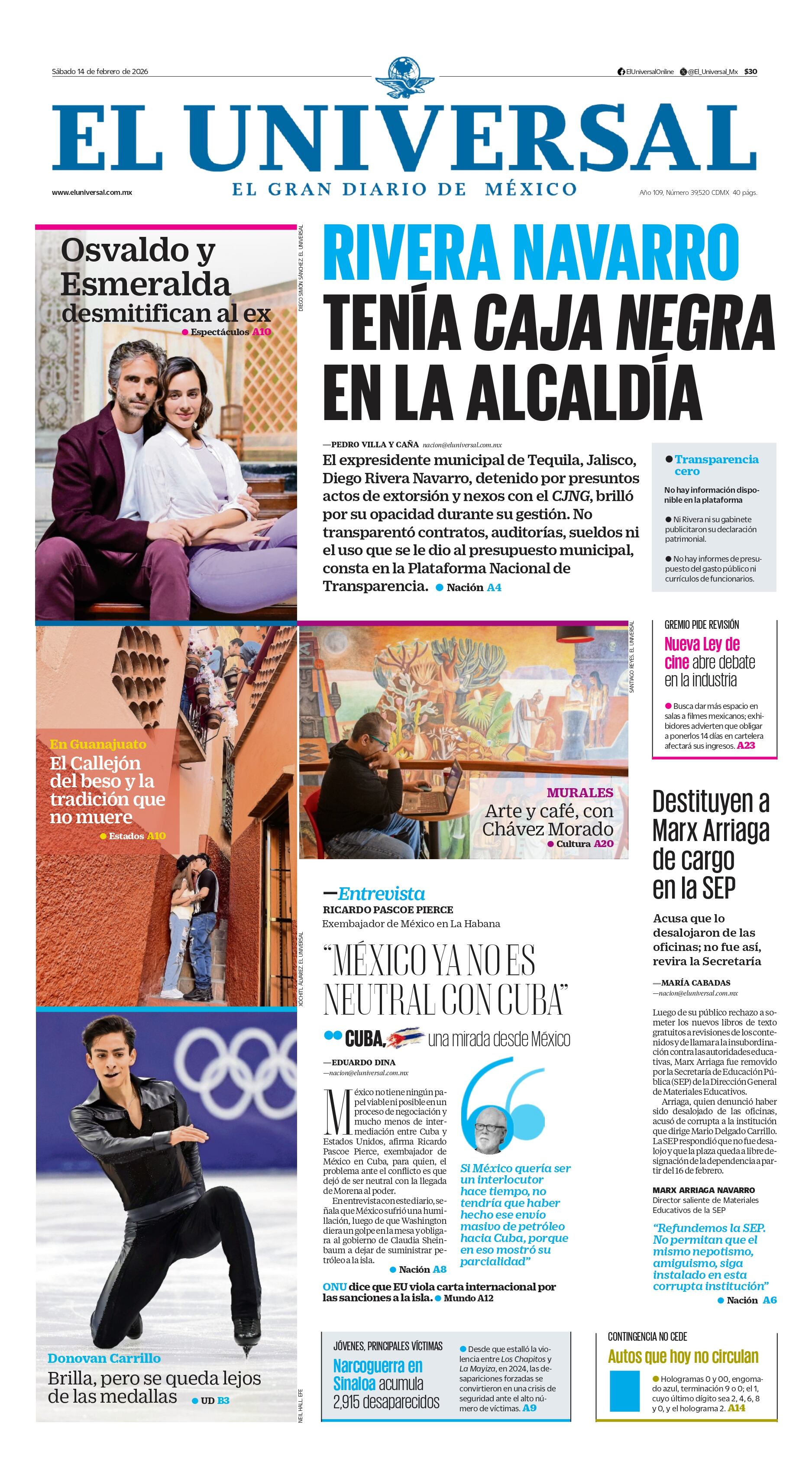Portada impresa del 14 de febrero de 2026