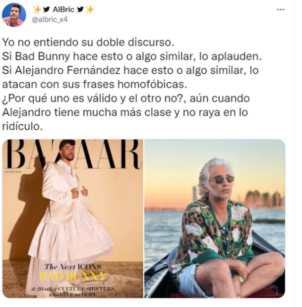 “A Bad Bunny y a Harry Styles le aplauden outfits queer pero a Alejandro Fernández lo critican": usuarios en redes
