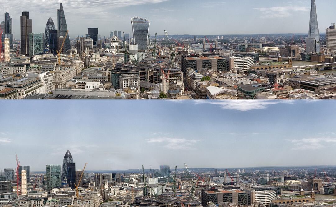 Arrriba: El “skyline” de Londres 'original' tal y como son en la realidad actualmente. Abajo: Imagen editada sin los edificios diseñados por arquitectos extranjeros. Fotos: Remitly vía EFE