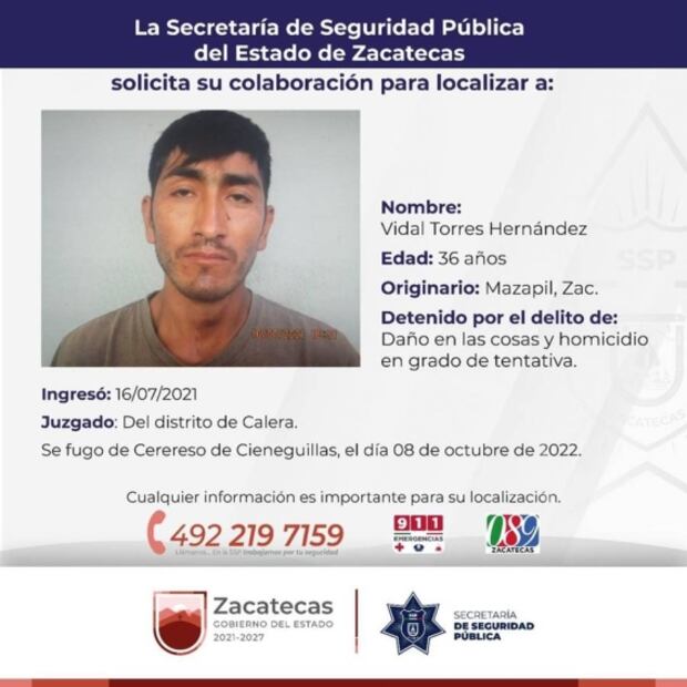 Emiten fichas de búsqueda de los 7 reos que se fugaron del penal de Cieneguillas en Zacatecas