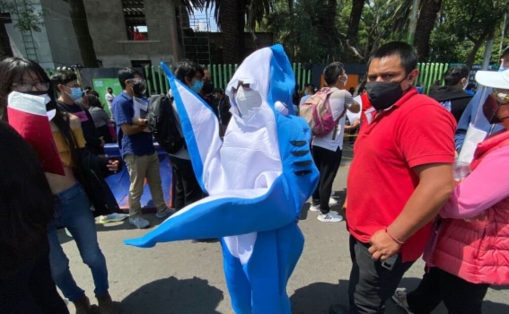 Luchadores, dinosaurios y hasta tiburones, los disfraces en vacunación Covid-19 en Xochimilco