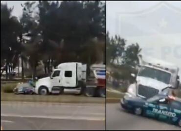 VIDEO: Tráiler arrastra patrulla con dos policías abordo en puerto de Veracruz; detienen a conductor