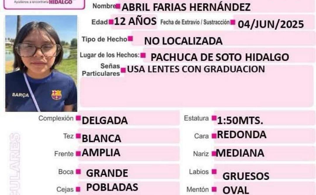 Abril Farías Hernández desapreció el pasado miércoles en Hidalgo luego de salir de la secundaria (06/06/2025). Foto: Especial