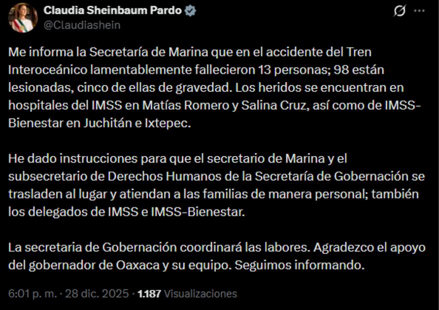 Sheinbaum confirma número de fallecidos tras accidente del Tren Interoceánico (28/12/2025). Foto: Captura de pantalla