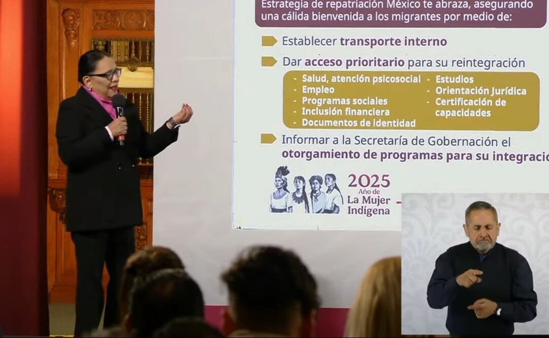 Rosa Icela Rodríguez, indicó que las Secretarías de Marina y de Defensa Nacional, con apoyo de la Guardia Nacional, recibirán a los connacionales. Foto: Captura de pantalla