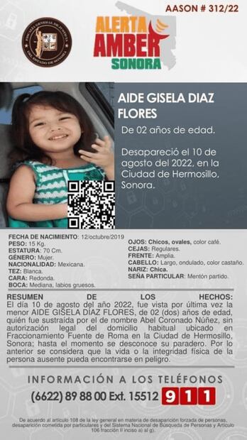 Activan Alerta Amber Sonora para localizar a Aidé Gisela Díaz Flores de 2 años