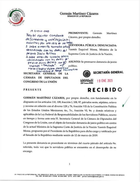 Senador Germán Martínez presenta solicitud de juicio político contra Yasmín Esquivel