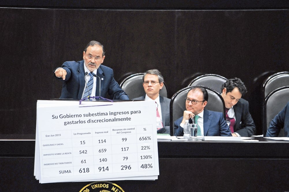 El diputado federal y ex líder del PAN, Gustavo Madero, subió a la tribuna de la Cámara Baja, en donde cuestionó con pancartas la gestión de Luis Videgaray al frente de la Secretaría de Hacienda (IVÁN STEPHENS. EL UNIVERSAL)