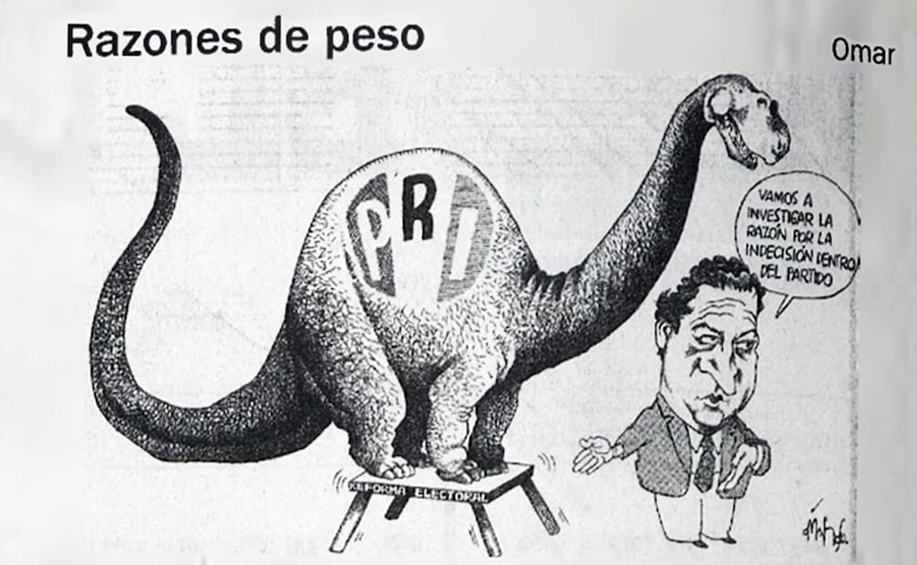 Cartón de Omar, julio 1996, con el entonces líder priísta, Santiago Oñate. Los “dinosaurios” tomaron fuerza durante el sexenio zedillista, pero sus principios no bastaron para retener el poder en 2000. Foto: Hemeroteca EL UNIVERSAL.