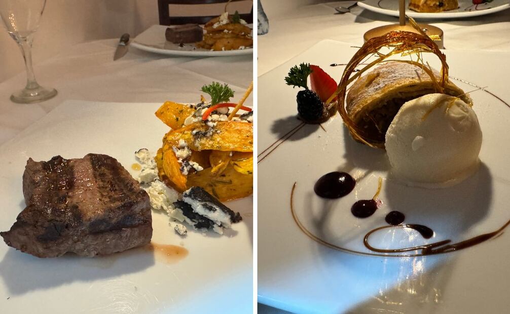 Churrasco Certified Angus Beef a la parrilla con batatas asadas y strudel de manzana con helado de vainilla.  |  Foto: Angélica Vázquez.