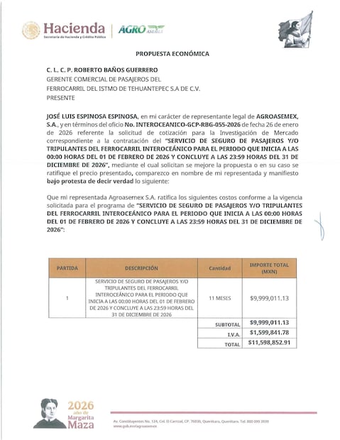 El servicio de la aseguradora será por 11 meses, por un costo total de 11 millones 598 mil 852 pesos.