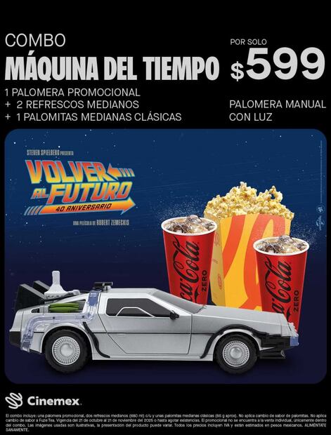 Conoce el precio del "Combo Máquina del Tiempo" en Cinemex. Foto: Cinemex