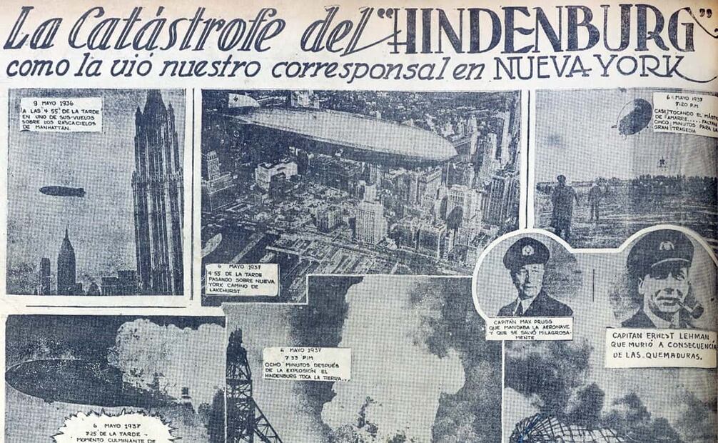 Plana de EL UNIVERSAL del 16 de mayo de 1937, días después del accidente en Lakehurst, Nueva Jersey. Con información del corresponsal de este diario, se conocieron los detalles principales sobre el fallido aterrizaje del Hindenburg, así como otras catástrofes relacionadas con los dirigibles. Foto: Hemeroteca EL UNIVERSAL.