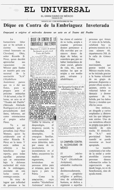 "Yo estaba como usted, pero ya no bebo", frase publicada en el diario EL UNIVERSAL hace ocho décadas. Foto: Archivo / EL UNIVERSAL