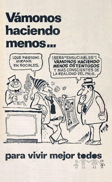 Anuncio “Vámonos Haciendo Menos Ostentosos”, 1975. Según indicó EL UNIVERSAL en 1985, "las casas y departamentos se hacen para no más de cuatro integrantes y no ya hay programa de TV o anuncio comercial que tenga una familia con más de dos niños". Foto: Hemeroteca EL UNIVERSAL.