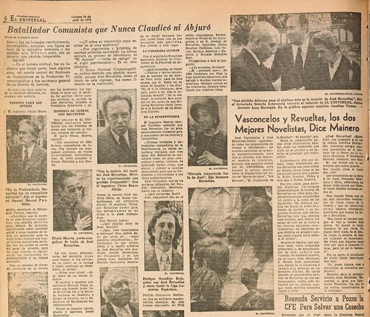 El Universal sobre la muerte de Revueltas. Se lee en los titulares “Batallador comunista que nunca claudicó ni abjuró” así como “Vasconcelos y Revueltas, los dos mejores novelistas, dice Mainero”. Crédito: Archivo de el Universal