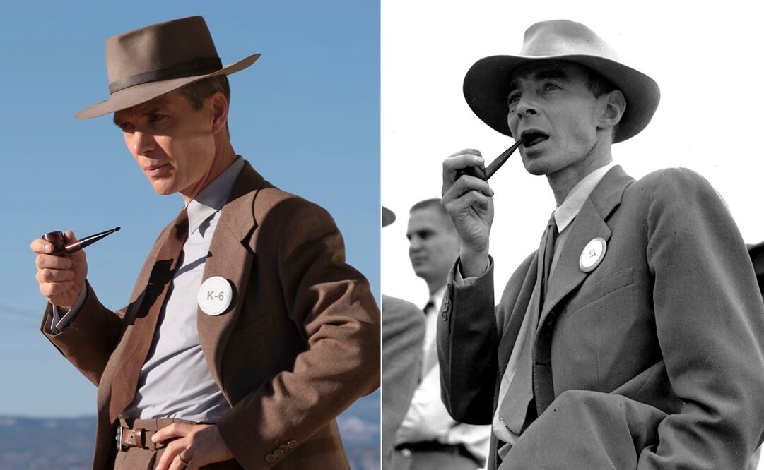 Esta imagen publicada por Universal Pictures muestra a Cillian Murphy como el Dr. J. Robert Oppenheimer en una escena de "Oppenheimer", a la izquierda, y al físico Dr. J. Robert Oppenheimer en el campo de pruebas de la bomba atómica cerca de Alamogordo, Nuevo México, el 2 de septiembre de 2019. 9, 1945. Foto AP