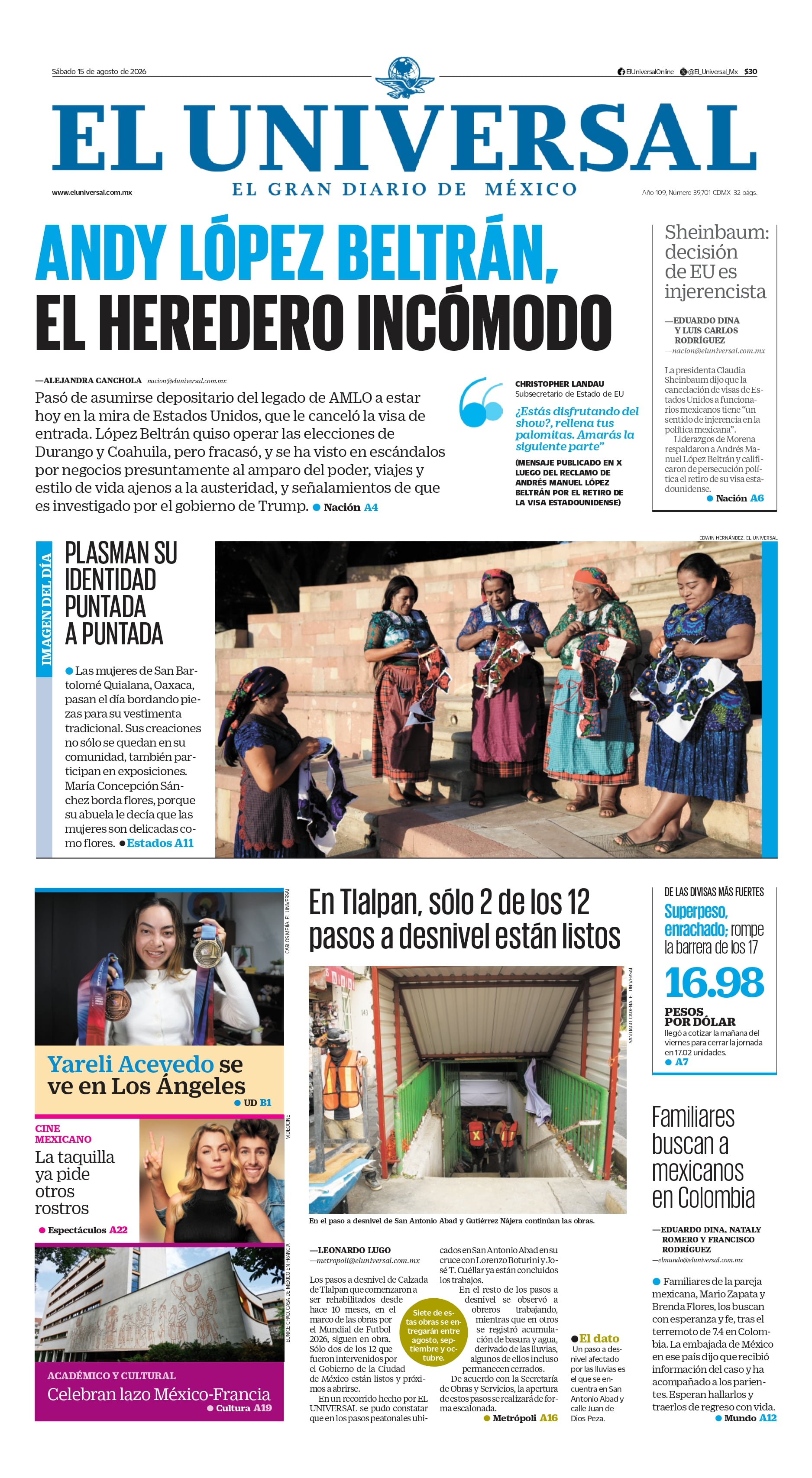 Portada impresa del 15 de agosto de 2026