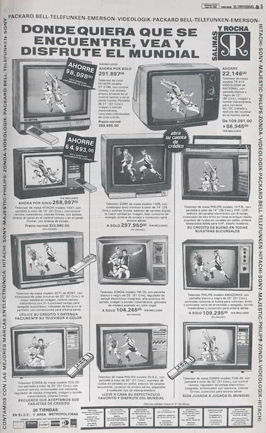 Anuncio de venta de televisores previo al mundial México 86. Los precios variaban según el modelo, pues había aparatos a blanco y negro, con tamaño reducido y sin control remoto, o estaban los más nuevos, con pantalla más grande, a color y con mando a distancia. Foto: Hemeroteca EL UNIVERSAL.