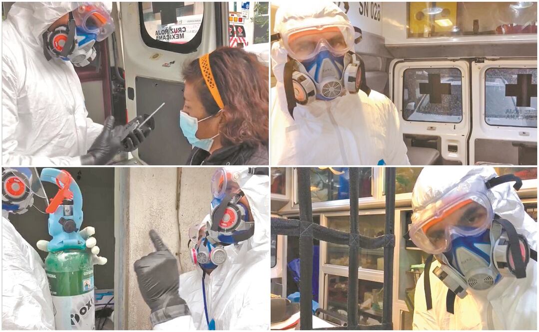 Vestidos con trajes tyvek, los cuales los cubren de la cabeza a los pies, y con mascarillas tipo industrial, paramédicos de la ambulancia 74 atienden posibles casos de Covid-19. Fotos: ESPECIALES